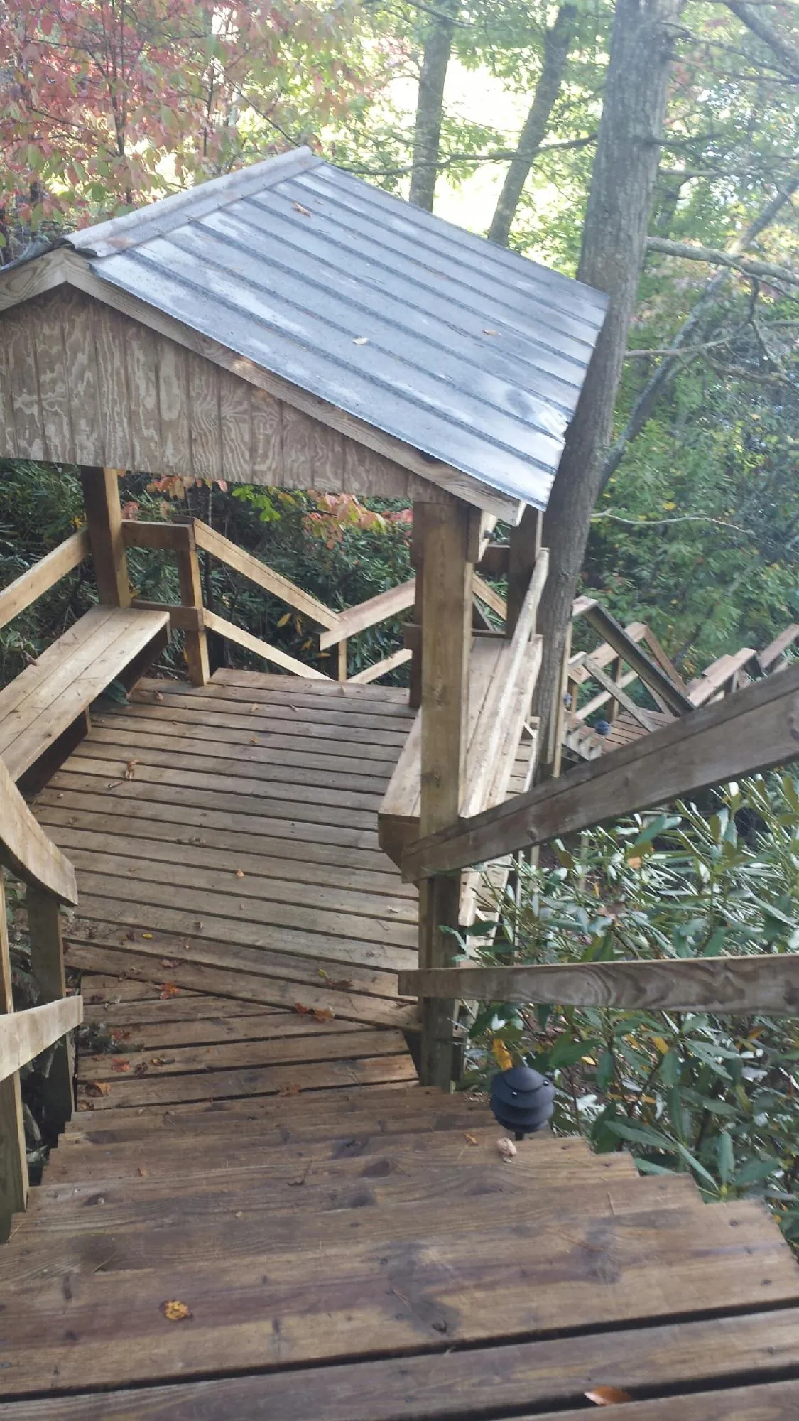 Metal roofed shelter over wooden steps on a wooded walkway — Skylight Repair & Installation work by our crew in Imlay City